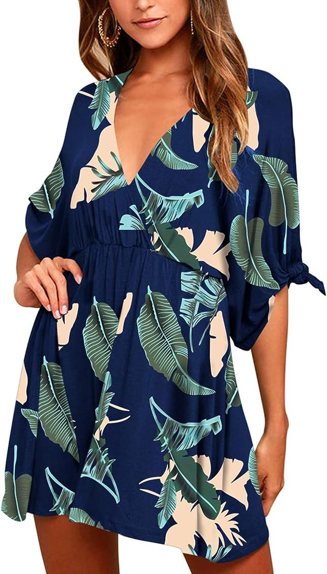 Meenew Women's Short Beach Dress Deep V Neck Summer Casual Loose Swing Dress | Amazon (US)