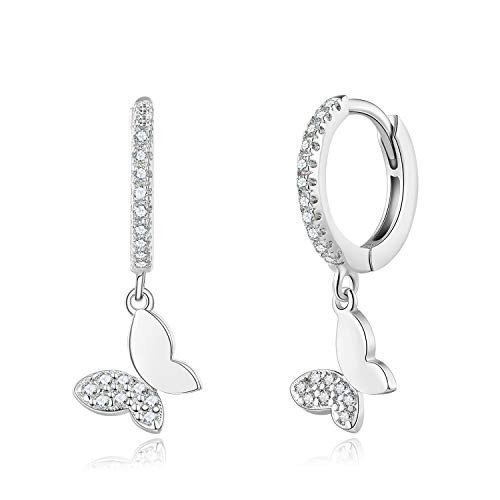 Butterfly Earrings Dangle Hoop for Women - Sterling Silver Huggie Hoop Earrings with Butterfly Cubic Zirconia Charm for Her | Amazon (US)