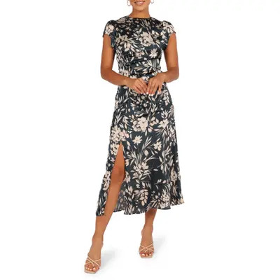 Petal & Pup Lisbeth Floral Cap Sleeve Satin Midi Dress in Green Floral at Nordstrom, Size Large | Nordstrom