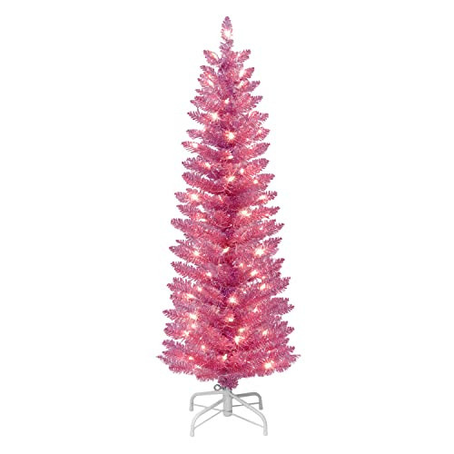 Puleo International 4.5 ft Pre-Lit Pink Tinsel Artificial Tree | Amazon (US)