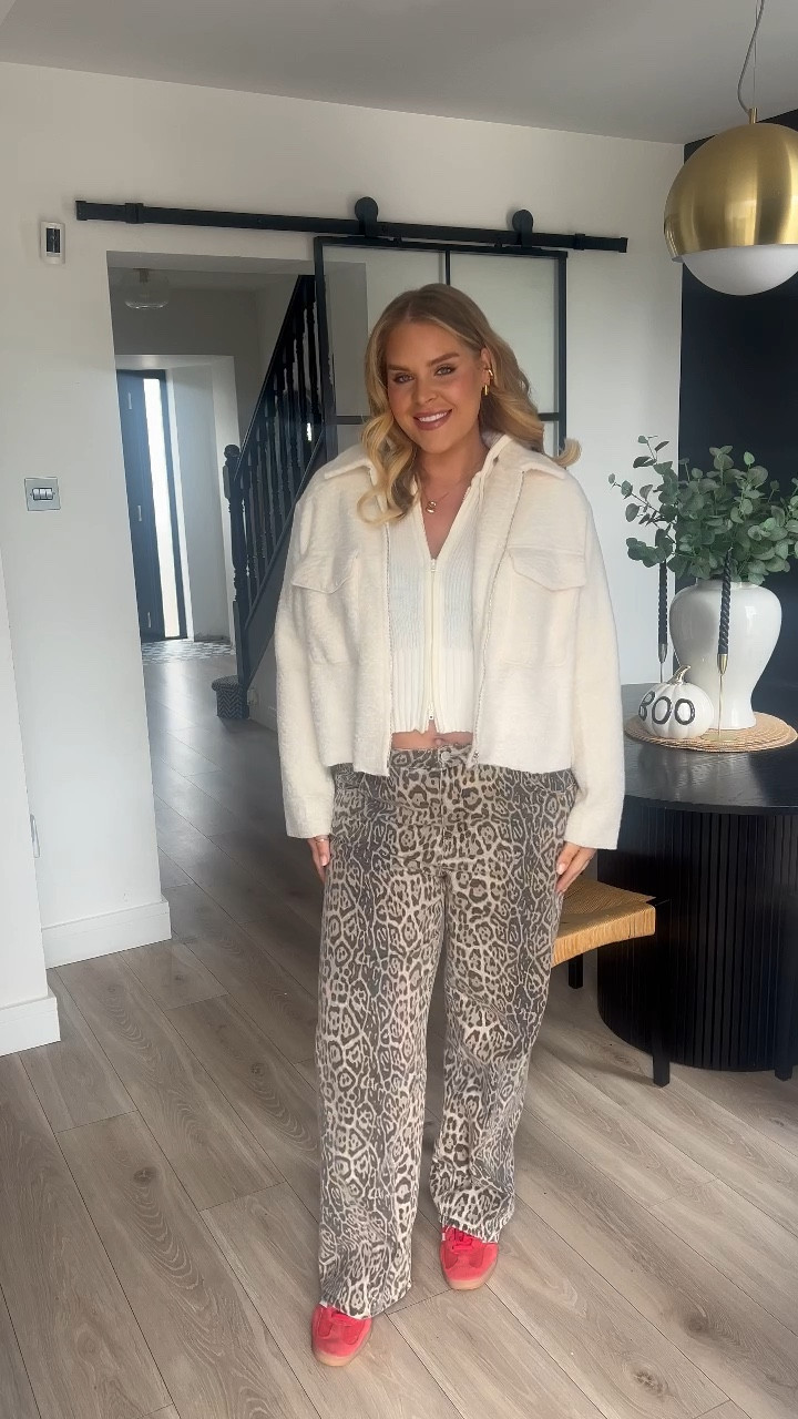 Autumn outfits, transitional outfit idea, In the Style, leopard trousers, H&M cardigan, leopard jeans, New Look jacket, short jacket, Adidas Samba, Adidas trainers, midsize outfit 

#LTKstyletip #LTKuk #LTKautumn