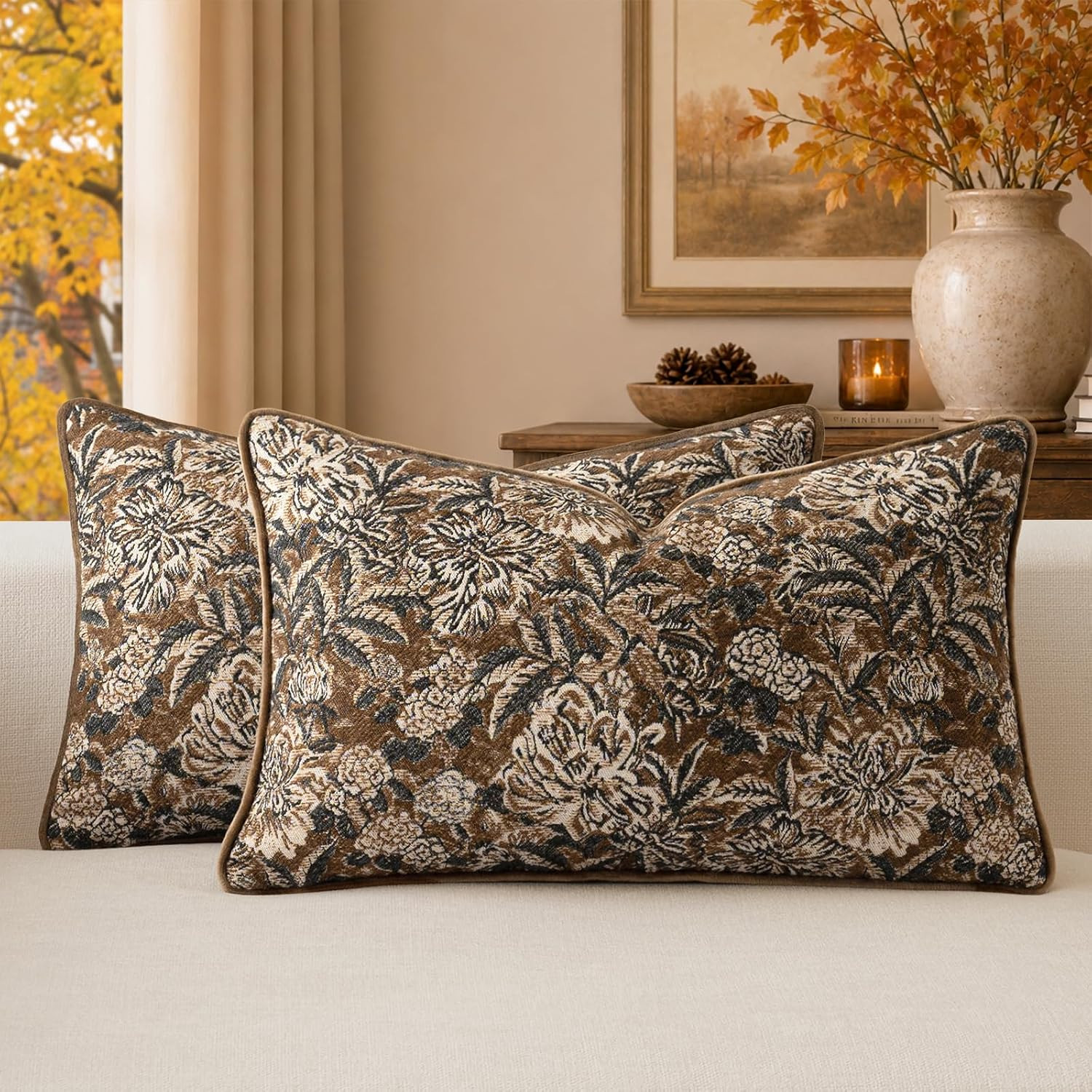 Brown Vintage Floral Tapestry Pillow Cover 12x20 Inch, Jacquard Woven Decorative Throw Pillow Cov... | Amazon (US)
