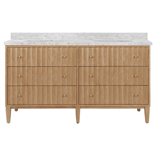 Worlds Away Odin Mid Century Modern White Marble Brown Oak Double Vanity Sink - 60" | Kathy Kuo Home