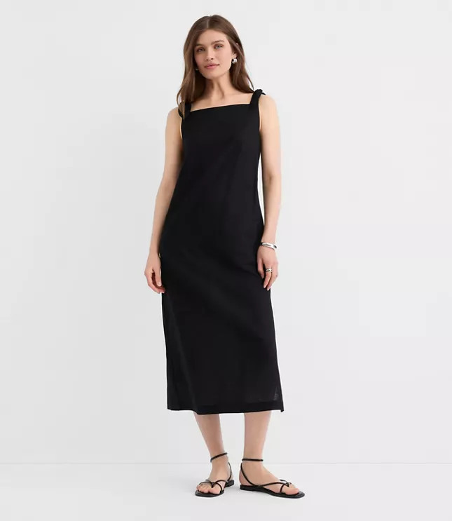 Linen Cotton Tie Boatneck Midi Dress | LOFT