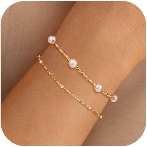 NECOCY 14K Gold Plated Pearl Bracelets for Women, Dainty Bracelets Stack Trendy Pearls Beaded Lin... | Amazon (US)