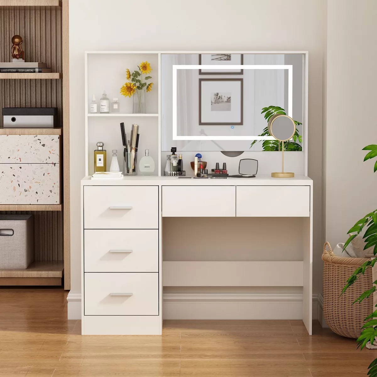 Famapy White Vanity Table With Lighted Mirror and Storage Drawers | Target