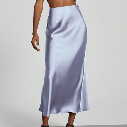 Women's Elastic Satin Material Satin Finish Midi Skirt | SHEIN