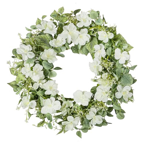YNYLCHMX 18" Spring Summer Wreaths for Front Door, Artificial Floral Wreath with White Rose Flowers Green Eucalyptus Leaves, Green Foliage Wreath for Wall Window Farmhouse Party Holiday Home Decor | Amazon (US)
