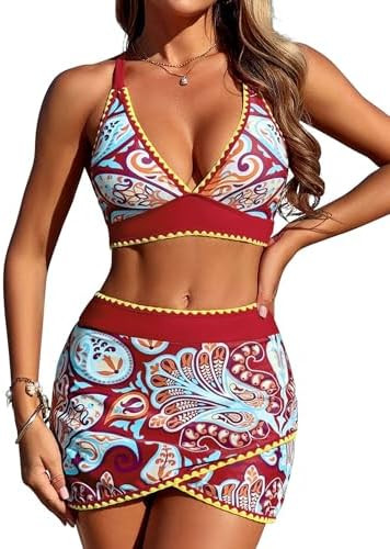 ZAFUL Women's High Waisted Bikini with Skirt Whip Stitch 2 Piece Swimsuits Tummy Control Bathing ... | Amazon (US)