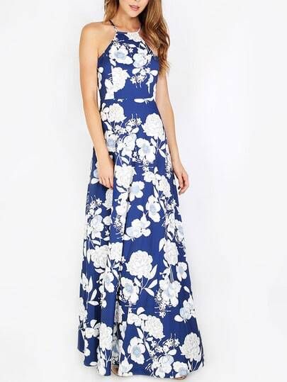 Blue Halter Neck Floral Print Maxi Dress | SHEIN