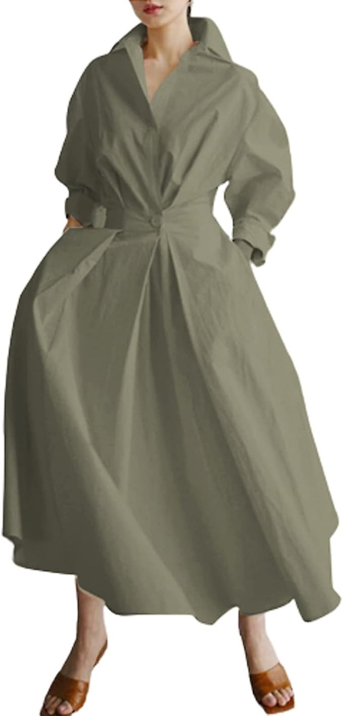 Women Maxi Shirt Dress Long Sleeve Button Smocked Waist Long Dress Loose Swing Party Dress with P... | Amazon (UK)