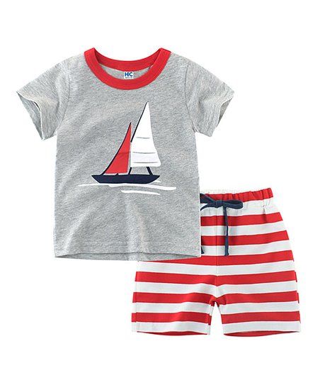 Heather Gray Sailboat Crewneck Tee & Red Stripe Shorts - Toddler | Zulily