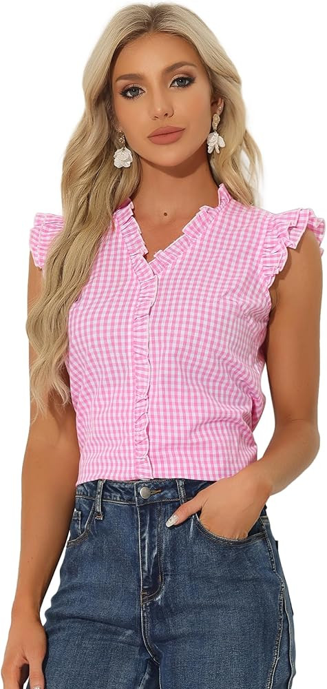Allegra K Ruffle Shirt for Women's 50s V Neck Cap Sleeve Plaid Gingham Blouse | Amazon (US)