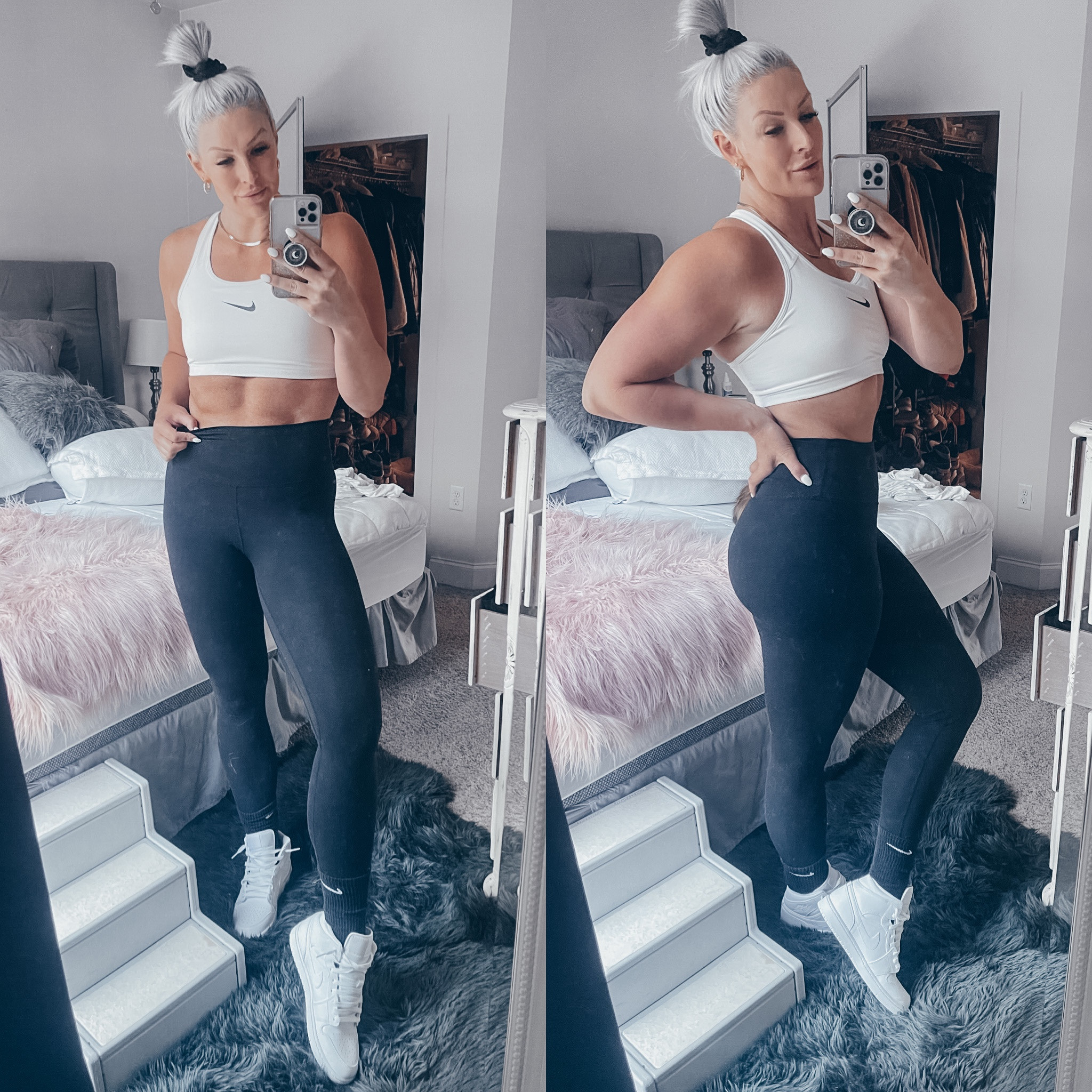 Workout OOTD these snake skin leggings. Can’t go wrong with black and white. Love these mid Jordan 1’s for workout or casual! 

Wearing a M in the leggings and L in the sports bra! 

#LTKstyletip #LTKFitness #LTKshoecrush