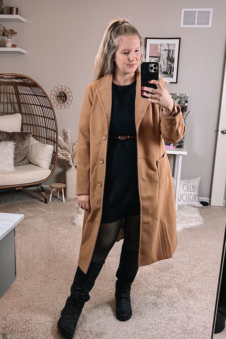 BEST fleece lined tights that just look like regular tights out there. This sweater dress is super comfy and fuzzy so it looks very chic while keeping you warm and cozy. Add a thin brown belt to create a little shape and add some riding boots for warmth and style. Perfect winter date night outfit!