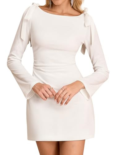 URYIAO Women's Long Sleeve Mini Dress Boat Neck Tie Shoulder Fall Winter Ruched Elegant Short Cocktail Party Dresses L White | Amazon (US)