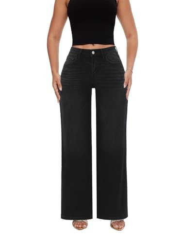 ONESO Mid-Low Rise Baggy Jeans Wide Leg for Women Black Distressed Pants Stretchy Bottom Lady Basic Comfortable Denim | Amazon (US)