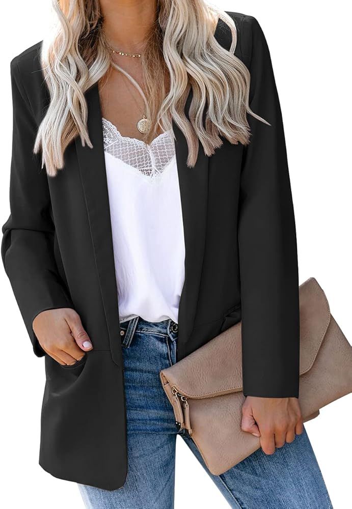 Vetinee Women's Casual Open Front Blazer Suit Pockets Work Office Cardigan Jacket | Amazon (US)