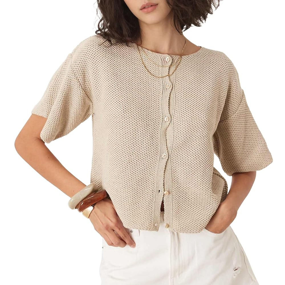 Ainangua Womens Casual Cardigan Summer Short Sleeve Crew Neck Button Down Knit Sweater Tops Light... | Amazon (US)