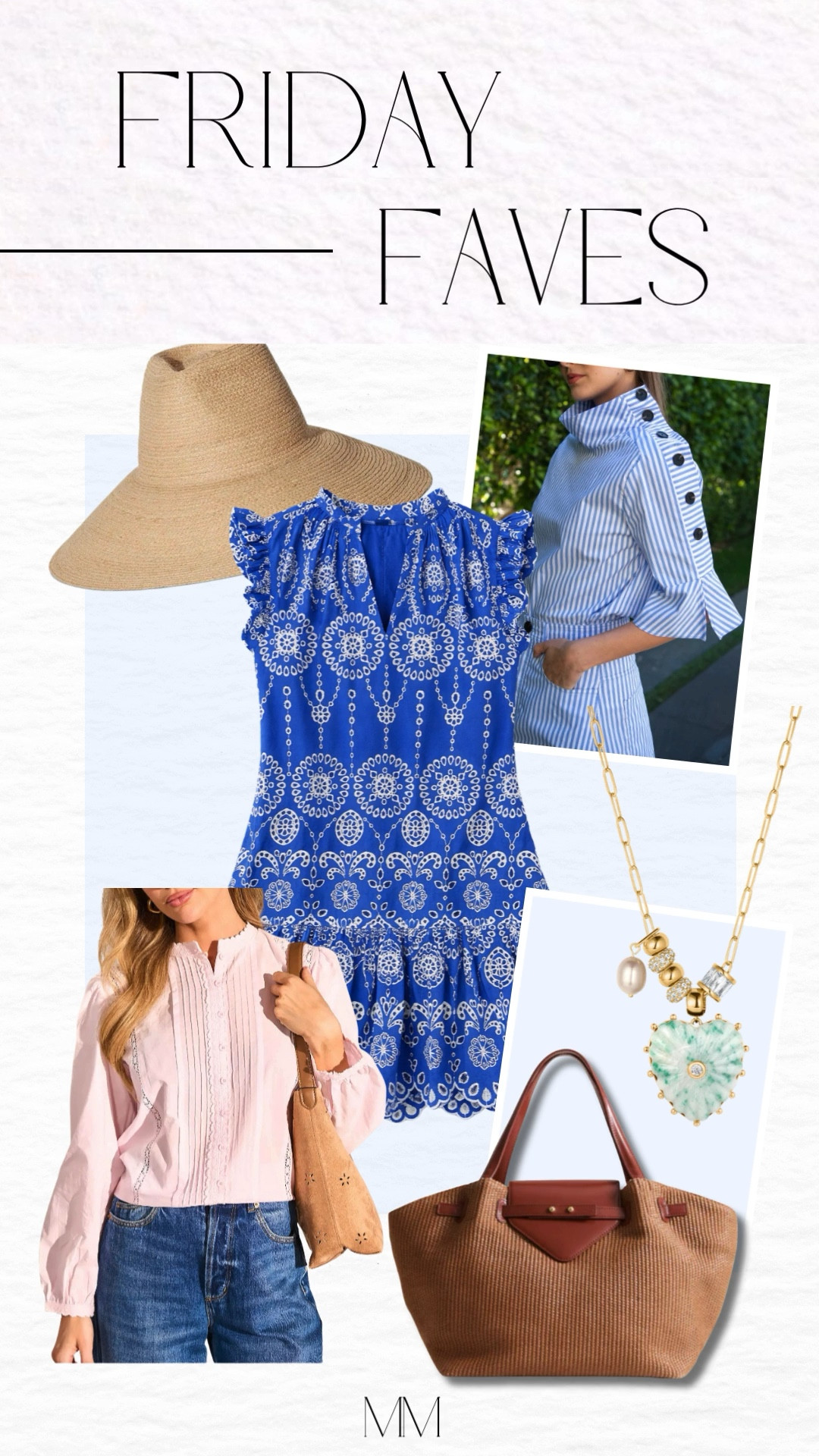 Friday Faves with some of my favorite classic summer pieces. This blue eyelet mini dress is perfect for warm weather events, beach vacations, and weekend brunch. I paired it with a wide brim straw hat, a striped button detail blouse, and a lightweight pink blouse that works perfectly with denim. Also loving this woven straw tote and delicate charm necklace for effortless summer styling.

[blue eyelet dress, summer mini dress, straw hat outfit, striped blouse, pink blouse outfit, woven straw tote, charm necklace, summer accessories, beach vacation outfit, summer style finds]

#LTKSaleAlert #LTKOver40