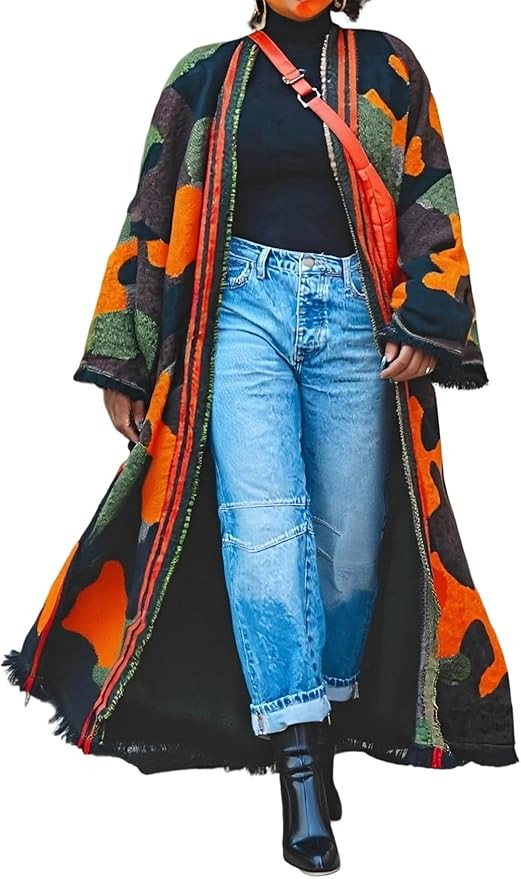 LETSVDO Women's Long Camo Cardigan Poncho Open Front Fringe Knit Sweaters Color Block Duster Kimo... | Amazon (US)