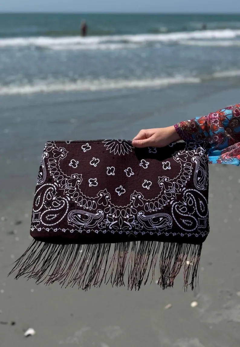 Custom Fringe Bandana Pouch | Handmade Western Clutch Bag | Personalized Embroidered Cosmetic Bag... | Etsy (Global)