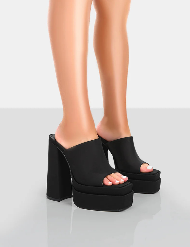 Skyhigh Black Satin Chunky Platform High Heeled Mules | Public Desire (US & CA)