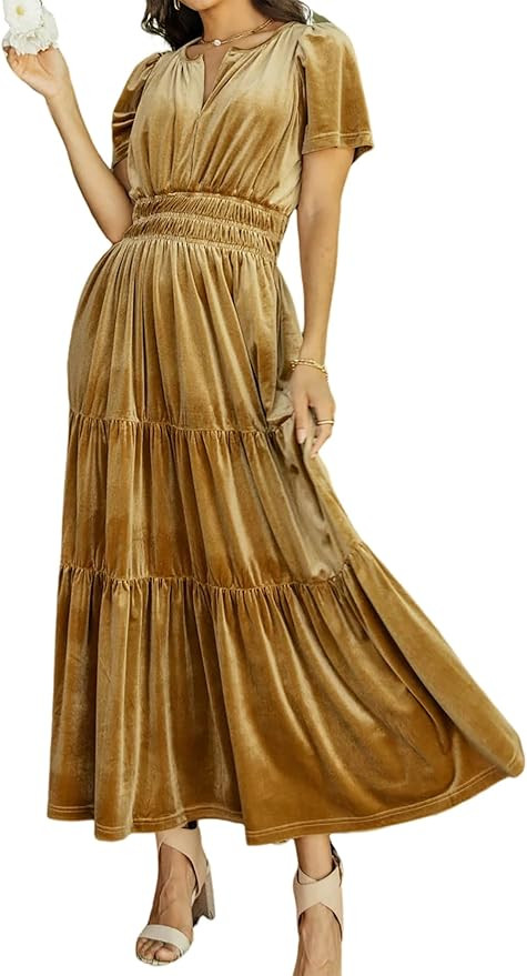 R.Vivimos Women's Fall Winter Vintage Velvet Dress Short Sleeve V Neck Elastic Waist Tiered Ruffl... | Amazon (US)