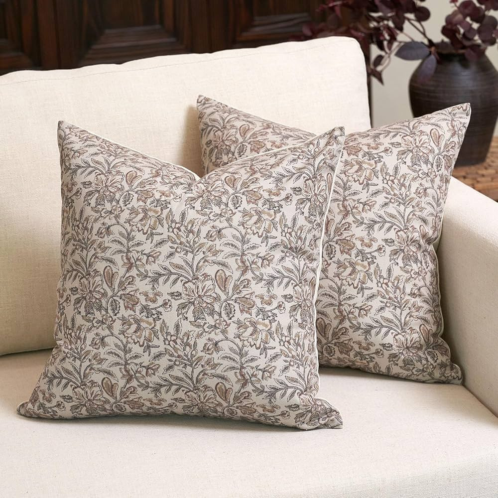Amor Virisso Floral Throw Pillow Covers 18x18 Set of 2 Vintage Block Print Pillow Covers Decorati... | Amazon (US)