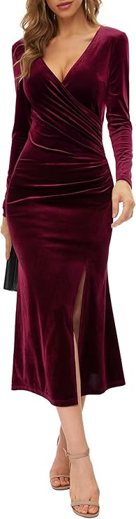 HUHOT Women's Wrap V Neck Long Sleeve Split Elegant Bodycon Ruched Mermaid Velvet Party Cocktail ... | Amazon (US)
