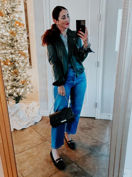 Happy hour outfit! Day 7 of the holiday style my closet challenge 
Olive green faux leather jacket 
Straight leg jeans (size 27)
Black loafers 

#LTKsalealert #LTKHoliday #LTKfindsunder50