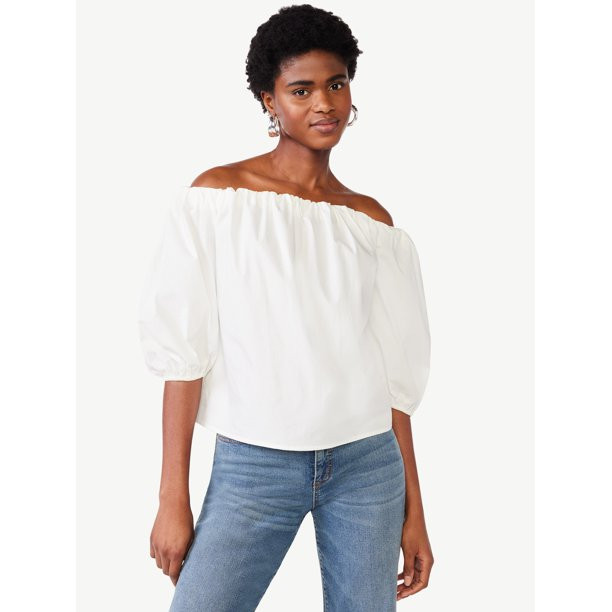 Scoop Women's Off the Shoulder Poplin Top with Puff Sleeves, Sizes XS-XXL - Walmart.com | Walmart (US)