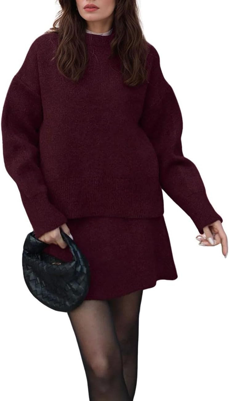 CHARTOU Women Sweater Skirt Sets 2 Pieces Outfits Loose Fit Pullover Sweater Knitted Mini Skirt | Amazon (US)