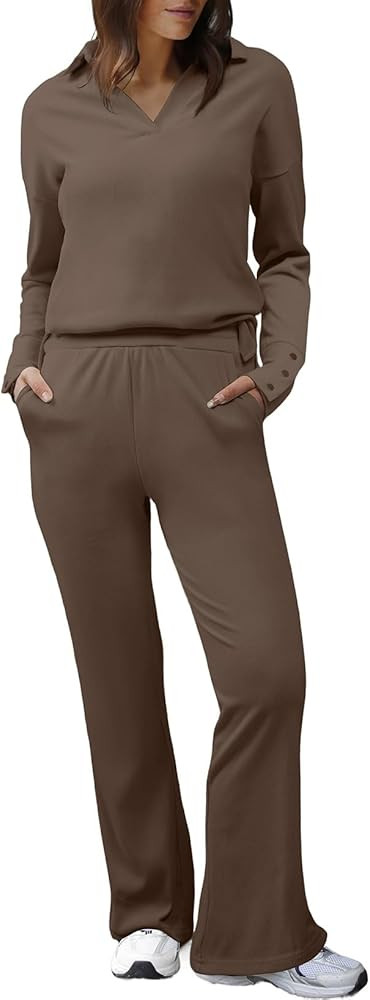 Herseas Women Sweater Set 2 Piece Outfits 2025 Long Sleeve Knit Lapel V Neck Tops High Waist Wide... | Amazon (US)