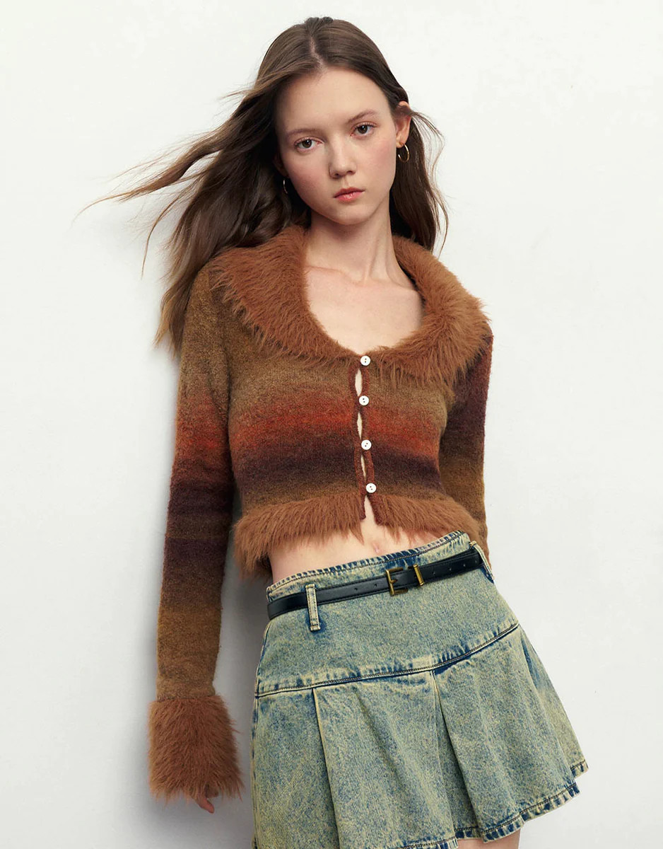 Furry Striped V-Neck Knitted Cardigan | Urban Revivo