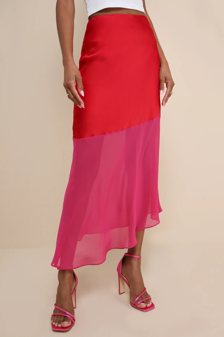 Memorable Approach Red and Pink Color Block Satin Midi Skirt | Lulus
