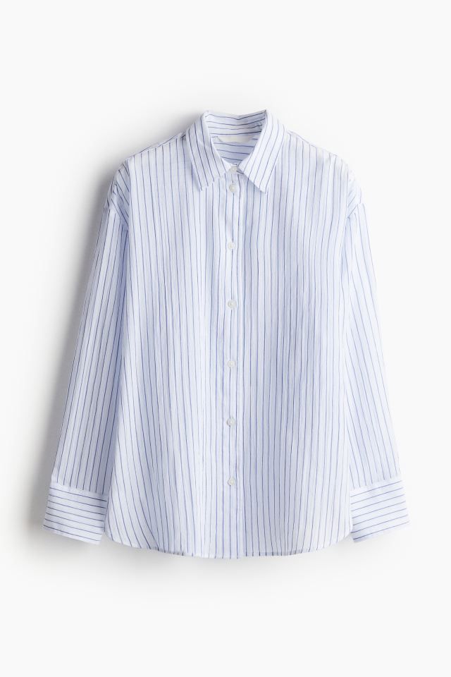 Crinkled Cotton Shirt - White/blue striped - Ladies | H&M US | H&M (US + CA)