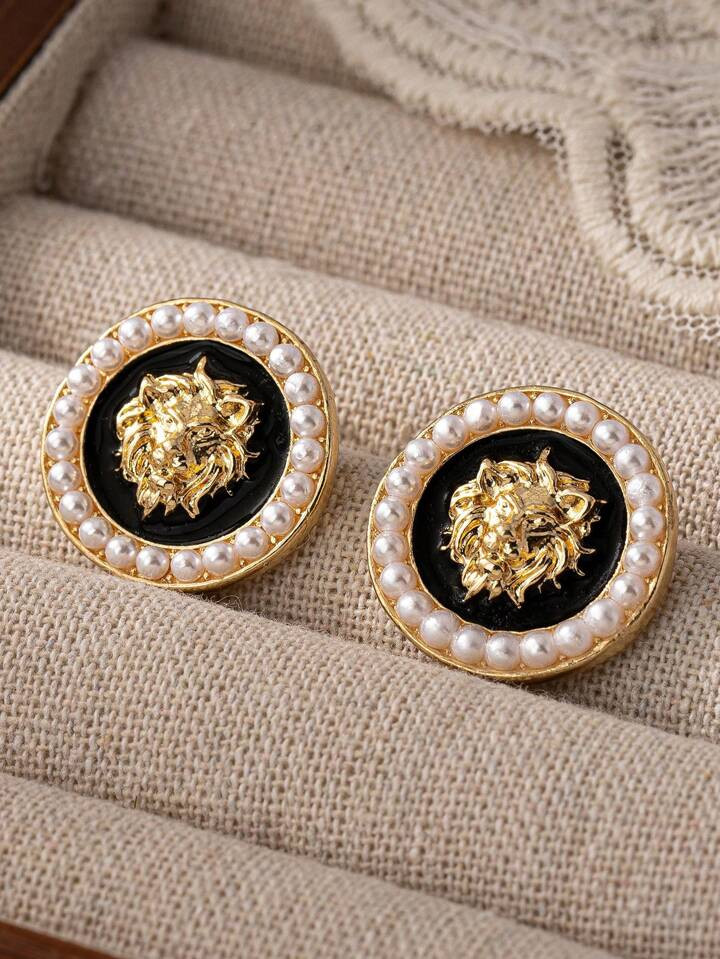 1pair Fashionable And Personalized Hip Hop Style Lion Head And Pearl Stud Earrings For Women, Sui... | SHEIN