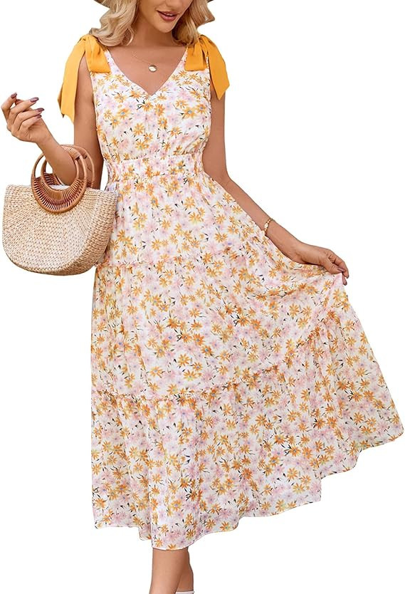 GRACE KARIN Floral Dress for Women Summer Casual Flowy Long V Neck Sundress Sleeveless Tiered Bea... | Amazon (US)