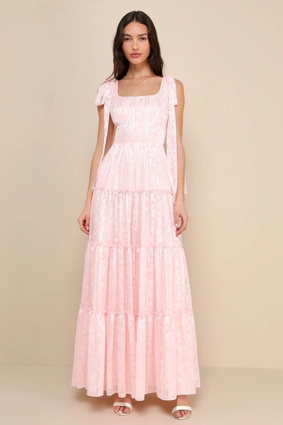 Picturesque Allure Blush Pink Jacquard Tie-Strap Maxi Dress | Lulus