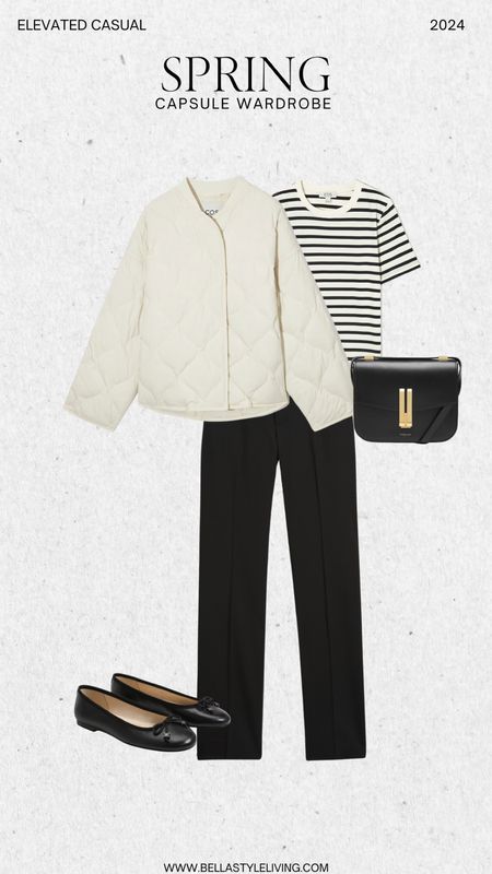 Chic, spring capsule wardrobe, outfit idea. Pair black trousers with a white striped tea layer on a light jacket.

#LTKover40 #LTKstyletip #LTKfindsunder100