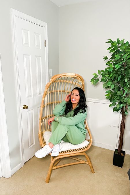 Matching amazon jogger set- such great quality and comes in multiple colors! 💚 also love these $70 Nike court shoes- perfect causal chic look! Also linking my $150 egg chair that’s on sale and my faux tree from amazon #founditonamazon 

#LTKfit #LTKunder50 #LTKhome
