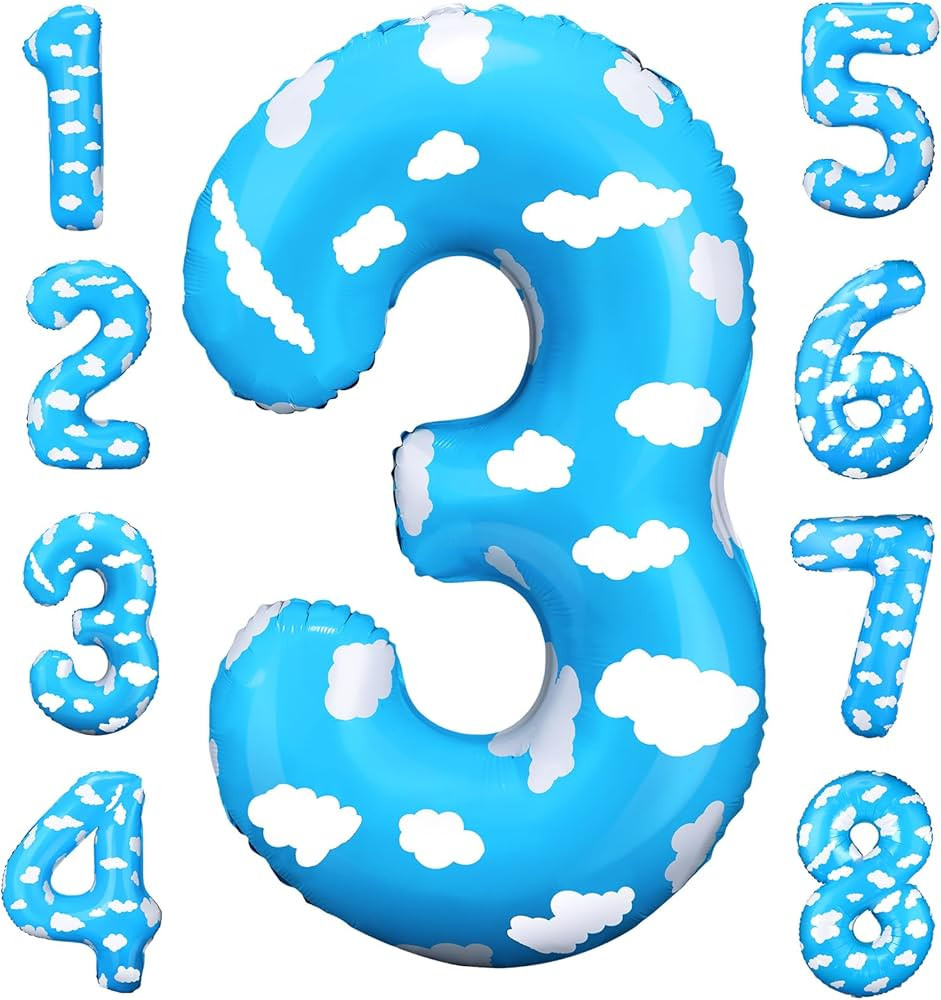 40 Inch Large Number 3 Balloon Blue Clouds Number Balloon Story Birthday Balloons Toy Inspired St... | Amazon (US)