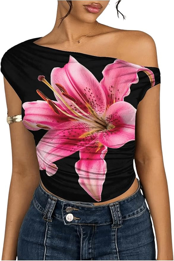 Floerns Women's Flower Asymmetrical Neck T Shirts Short Sleeve Boho Crop Tops | Amazon (US)