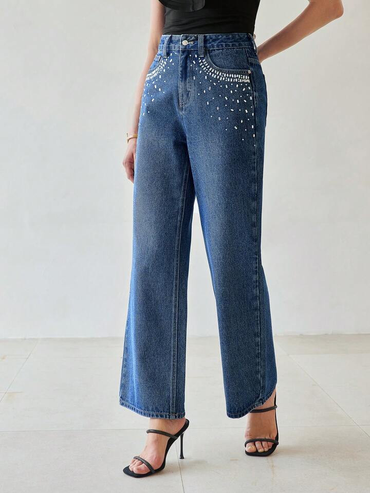 MOTF Jeans de pierna acampanada sin cinturón con detalle de pedrería | SHEIN