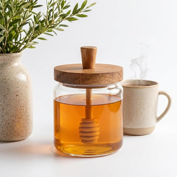 17 oz Glass Honey Dispenser with Dipper & Lid, Airtight Wide Mouth Jar | Amazon (US)
