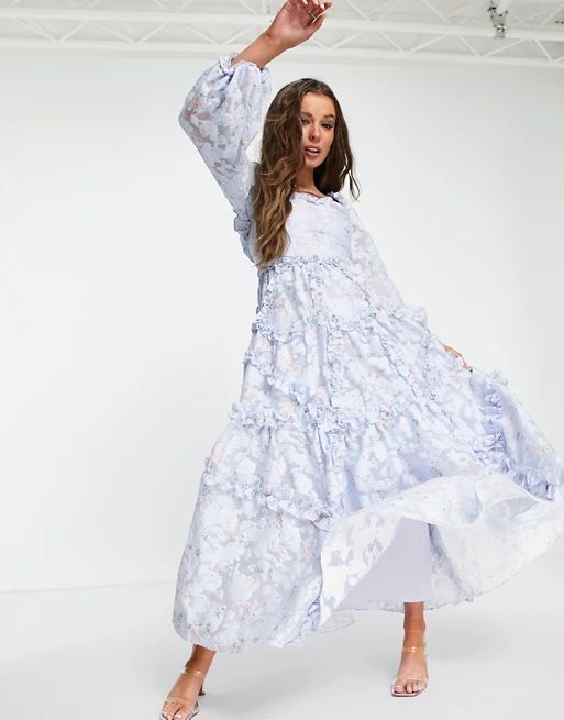 Needle & Thread Summer Blossom milk maid maxi dress with ruffles in blue floral | ASOS (Global)