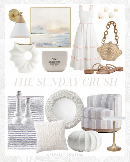 The Sunday Crush! Several pieces are currently on sale! 

Coastal home decor, coastal style, coastal decor, coastal dress, white dress, spring outfit, summer outfit, summer dress, resort wear, graduation dress, Amazon sandals, beach house decor, beach home, beach style, woven earrings, white earrings, scalloped trim midi dress, white midi dress, mica wall sconce, coastal wall sconce, coastal lighting, bathroom lighting, capraia pillow cover, neutral pillows, spring pillows, coastal pillows, blue & white rug, gray rugs, coastal rug, living room rug, beach house rugs, 8x10 rugs, 9x12 rugs, 5x7 rugs, area rug, wicker clamshell clutch, woven handbag, summer purse, ouai fine to medium hair treatment masque, Amazon hair mask, stoneware case, coastal vase, white vases, Steve Madden sandals, balboa wood base swivel chair, coastal chair, living room accent chair, striped chairs, white marble round accent table, living room side table, large papier-mache vase, wood beaded mirror, coastal mirror, carmel rattan taper holder, candlesticks, coastal artwork, Ballard designs artwork, sunset artwork, beach artwork, living room artwork 

#LTKfindsunder50 #LTKhome #LTKsalealert