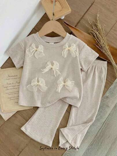 Cozy Pixies 2pcs Baby Girl Bow Decor Knit Soft Round Neck Short Sleeve Drop Shoulder Pullover Top... | SHEIN