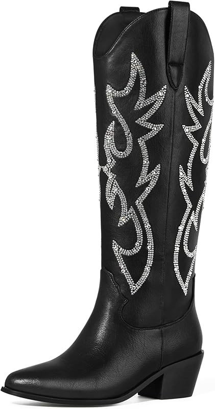 Ouepiano Knee-High Cowboy Boots for Women, Leather Stitching Classic Almond Medium Heel Embroider... | Amazon (US)